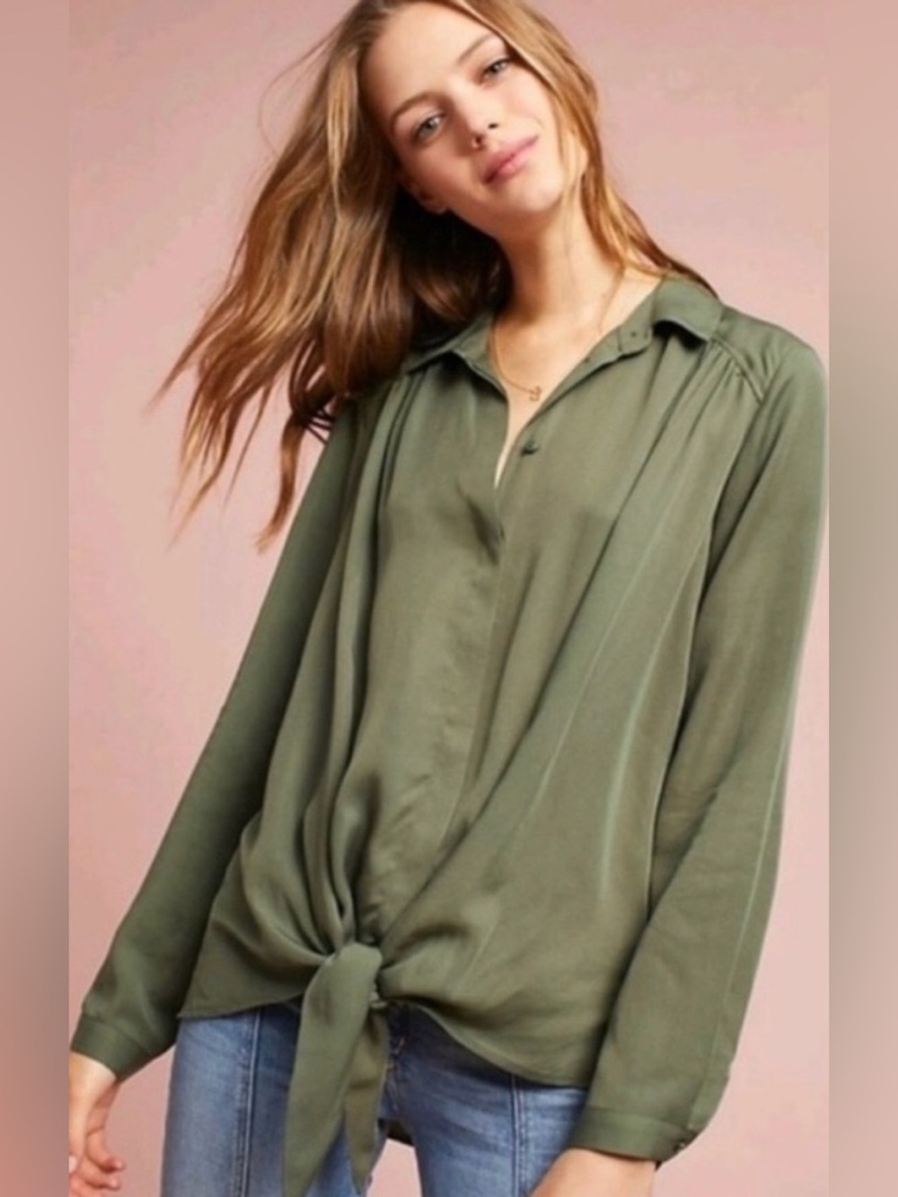 Maeve Anthropologie Olive Green Tie Front Button Down Shirt Size Small Utility